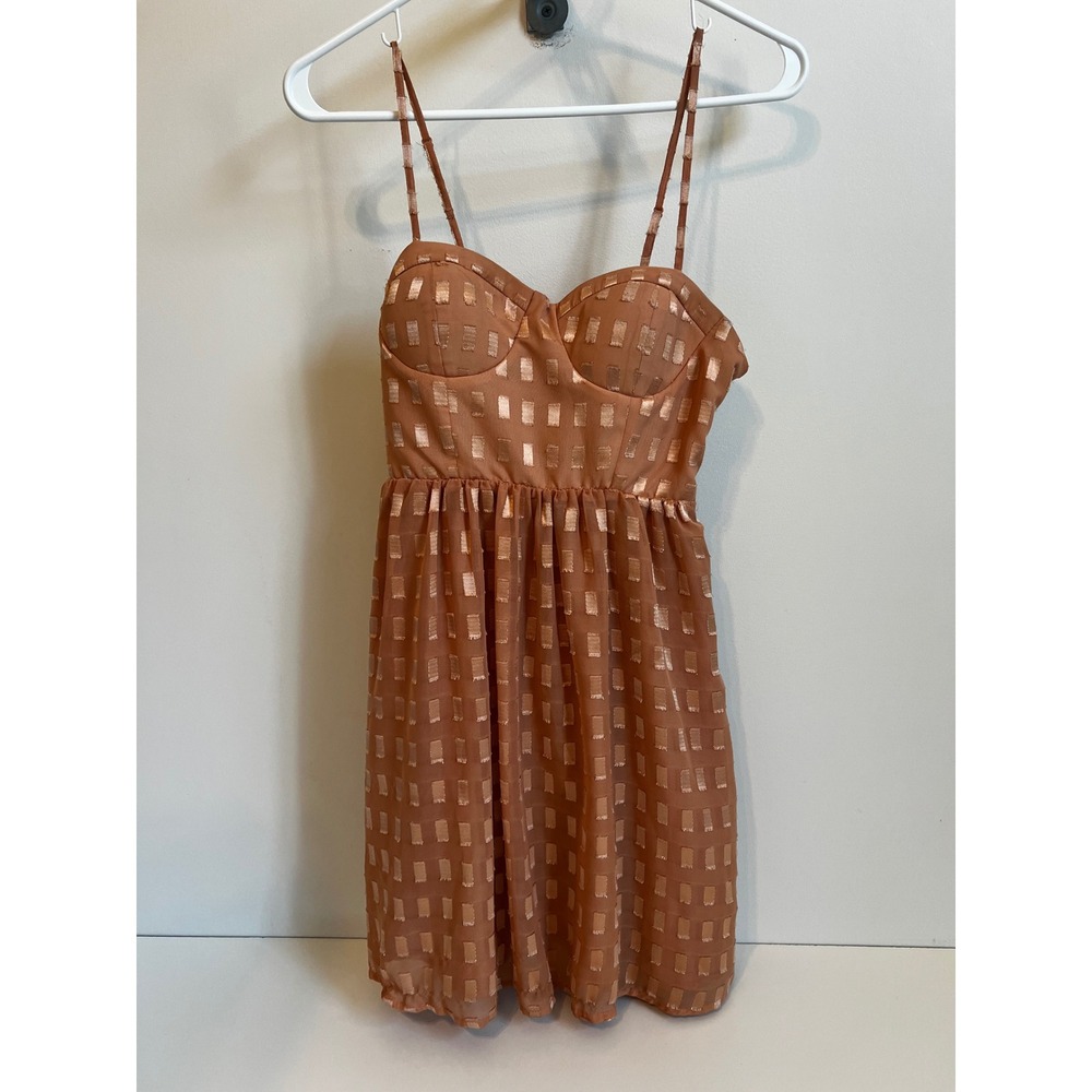 Forever 21 Mini Dress Bronze Metallic Square Pattern‎ Smocked Back Straps Sz S